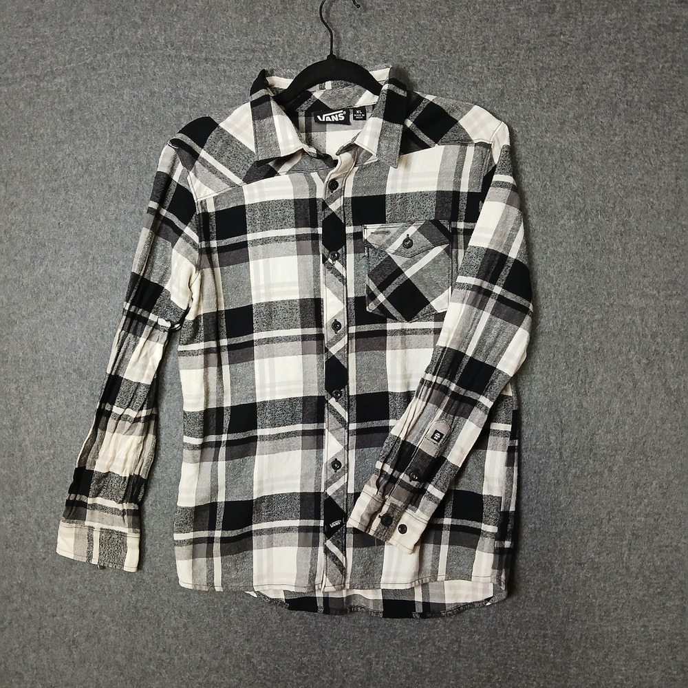 VANS Youth Plaid Flannel Button-Up Shirt XL Black White Long Sleeve 100% cotton